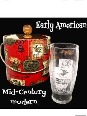 Vintage early American colonial eagle pattern ice bucket & 1 glass